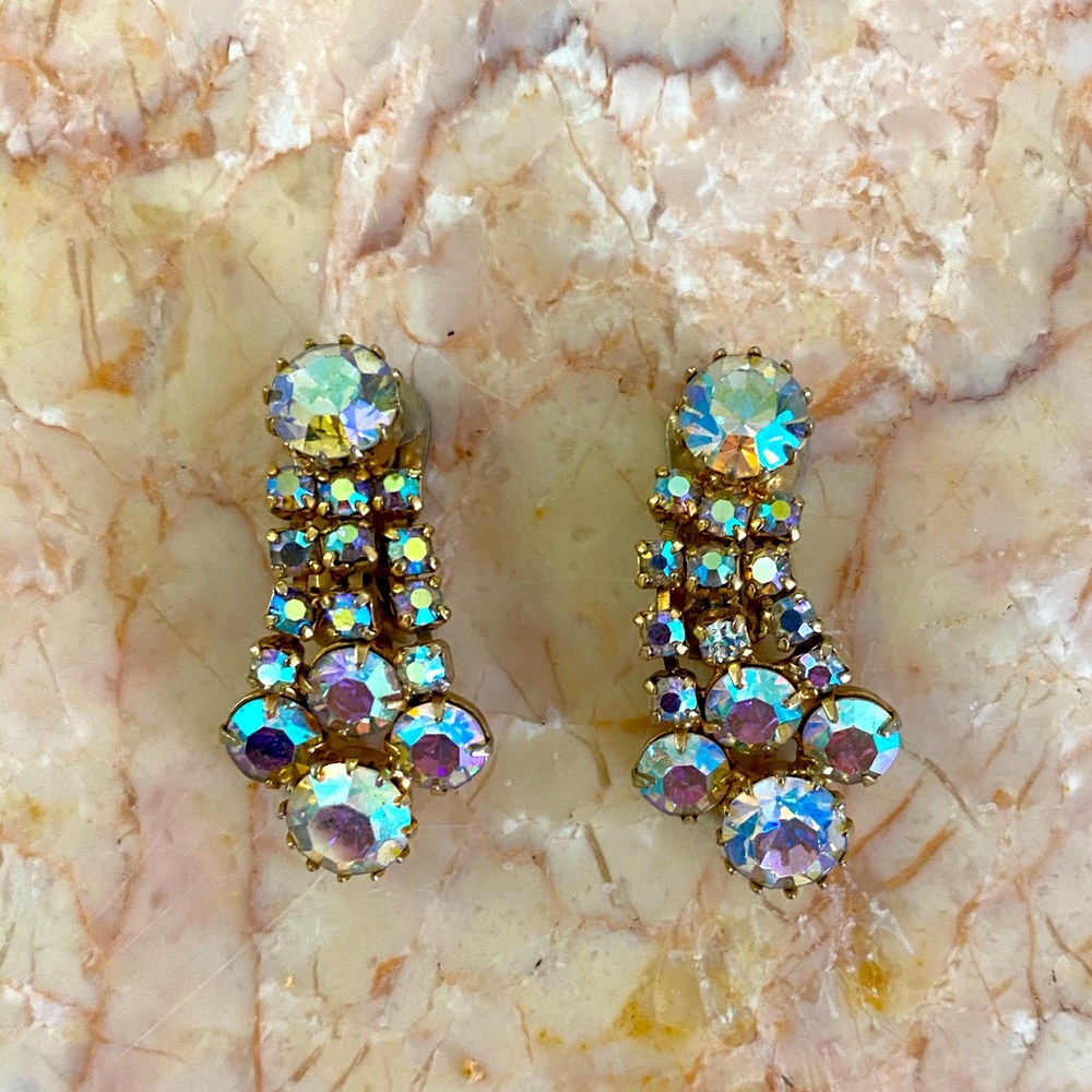 Drop multi-stone iridescent glass clip-on earrings